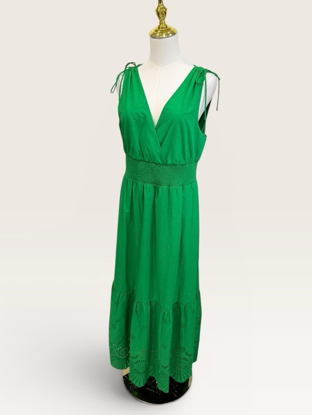 Adrianna Papell Smocked Waist Tie Sleeve Eyelet Cotton Sundress Kelly Green NWT - Picture 11 of 15